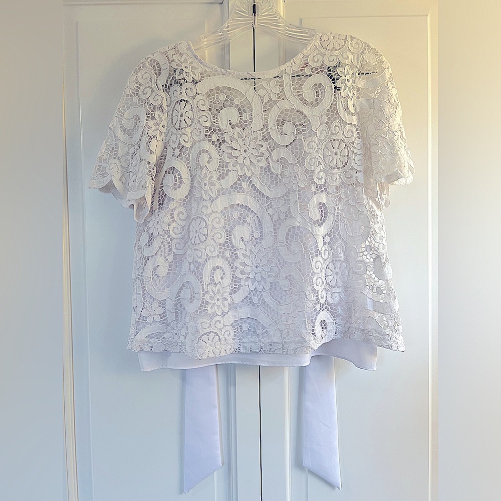 Nanette Lepore Lace Top & Cami Short Sleeve Tie Back White Blouse Size XS